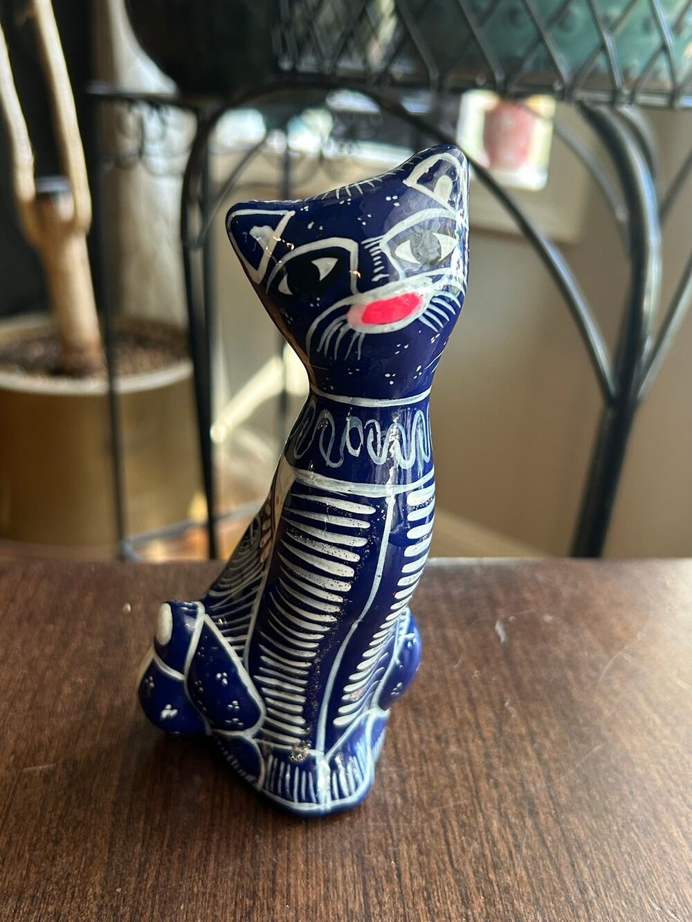 Vintage Mexican Talavera Ceramic Hand-Painted Cat Figurine blue white